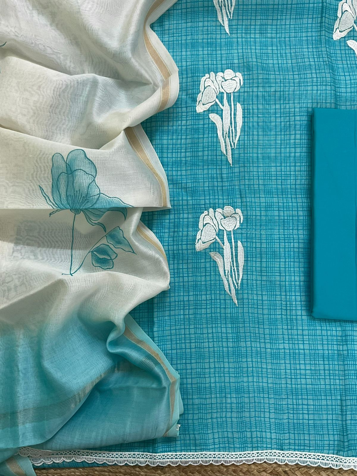 Pure Chanderi Printed Embroidered Suit - Blue