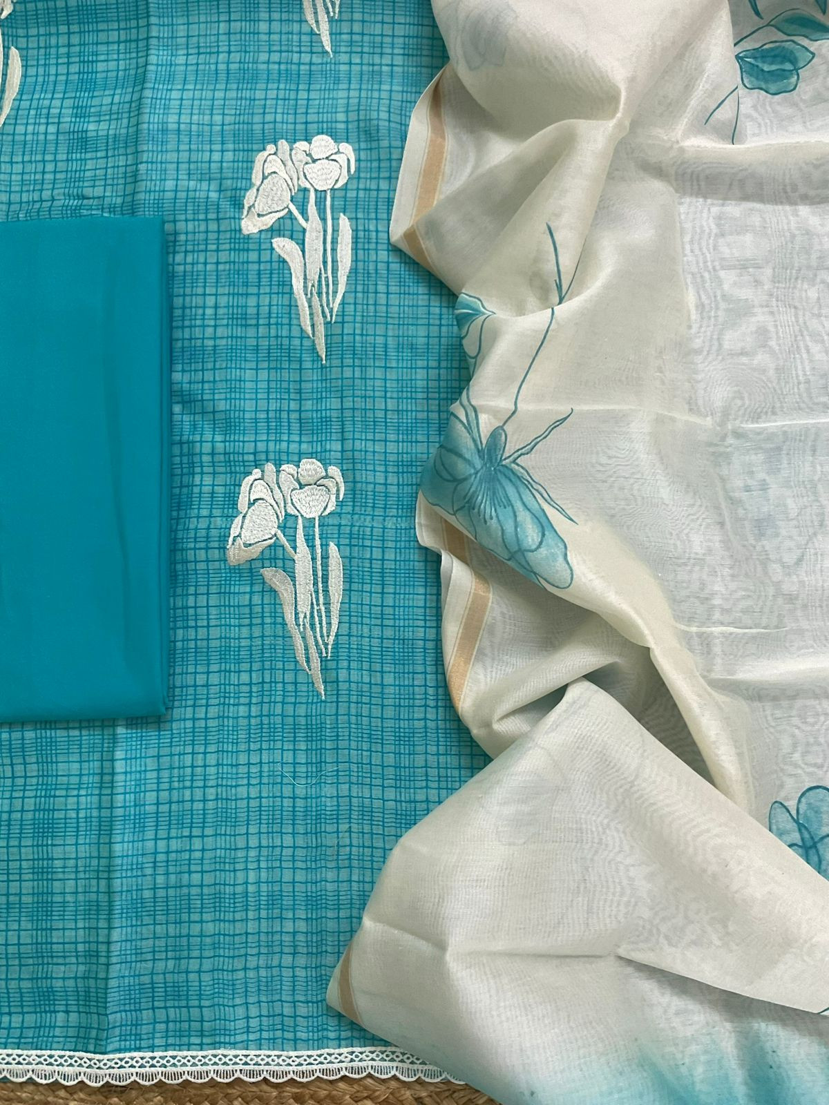 Pure Chanderi Printed Embroidered Suit - Blue