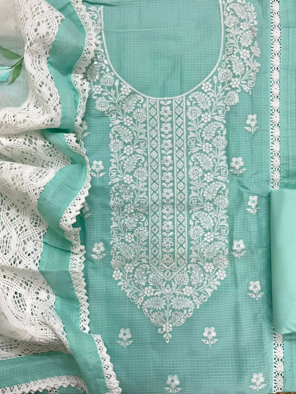 Soft Kota Cotton Printed Embroidered Suit - Sea Green