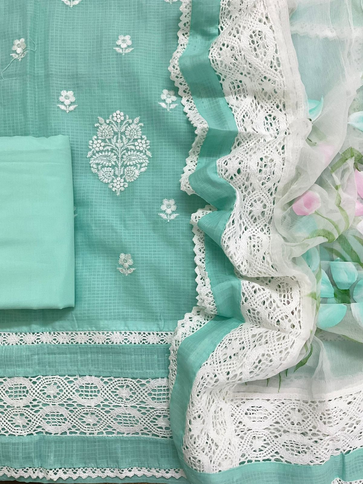 Soft Kota Cotton Printed Embroidered Suit - Sea Green