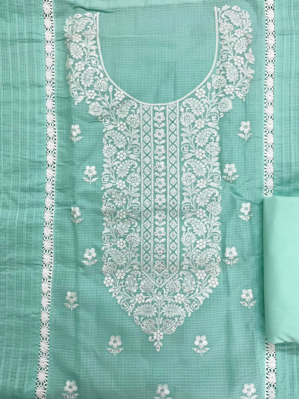 Soft Kota Cotton Printed Embroidered Suit - Sea Green