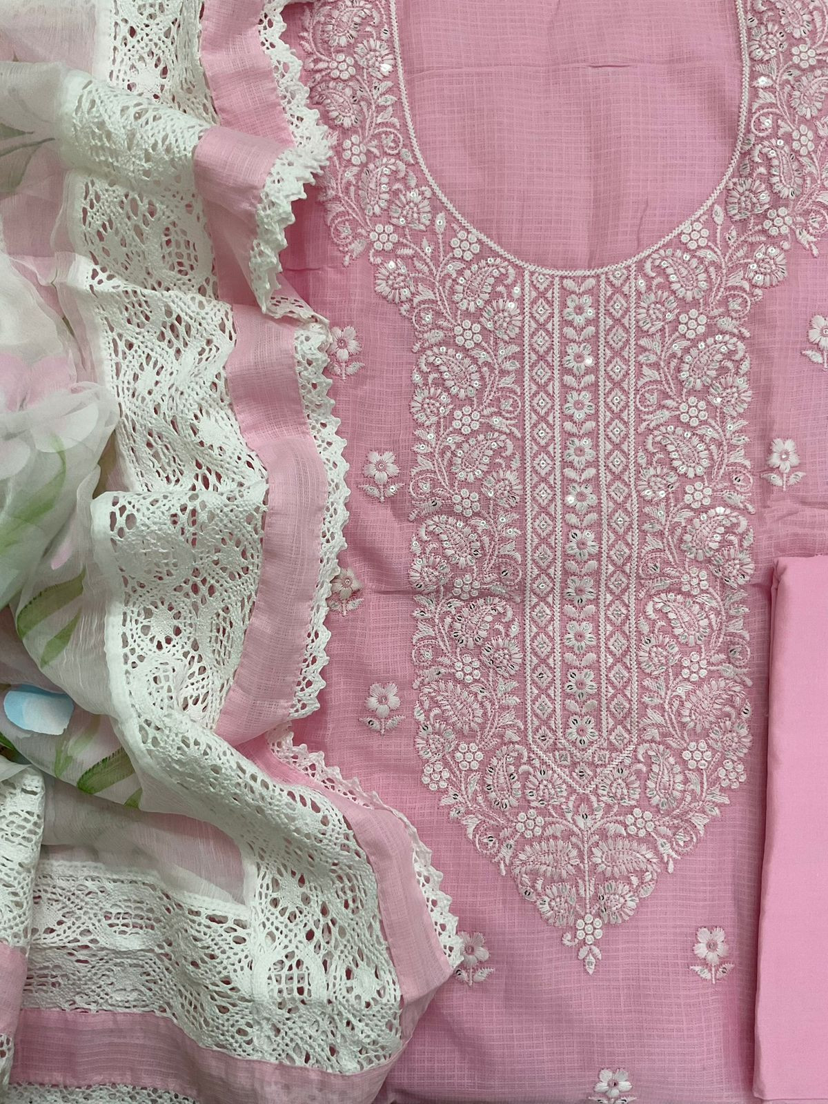 Soft Kota Cotton Printed Embroidered Suit - Pink