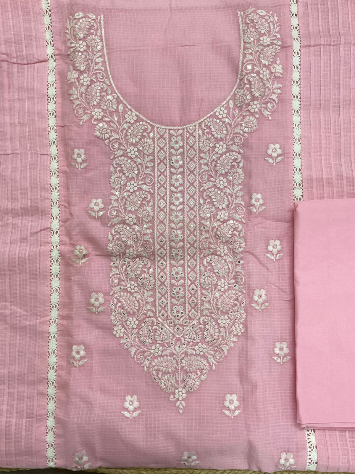 Soft Kota Cotton Printed Embroidered Suit - Pink