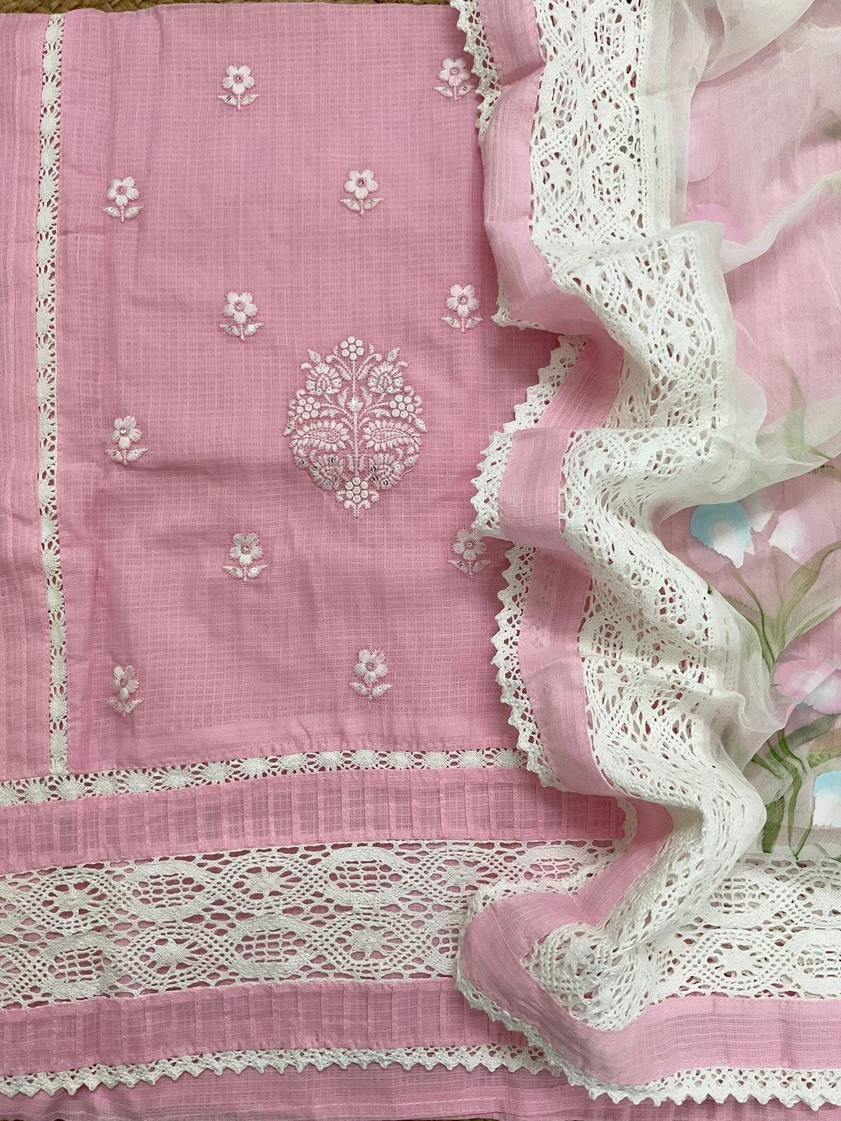 Soft Kota Cotton Printed Embroidered Suit - Pink