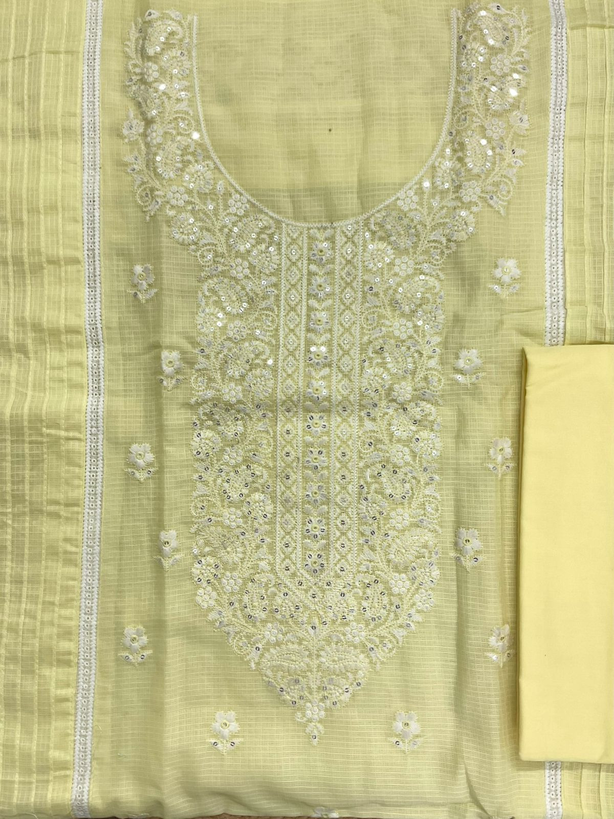 Soft Kota Cotton Printed Embroidered Suit - Yellow