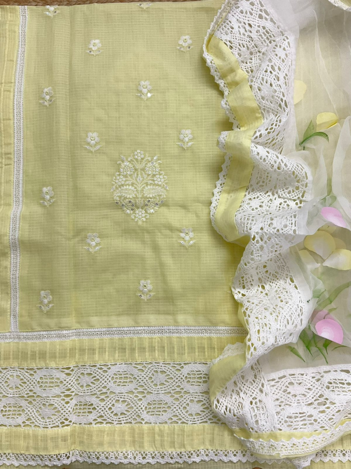 Soft Kota Cotton Printed Embroidered Suit - Yellow