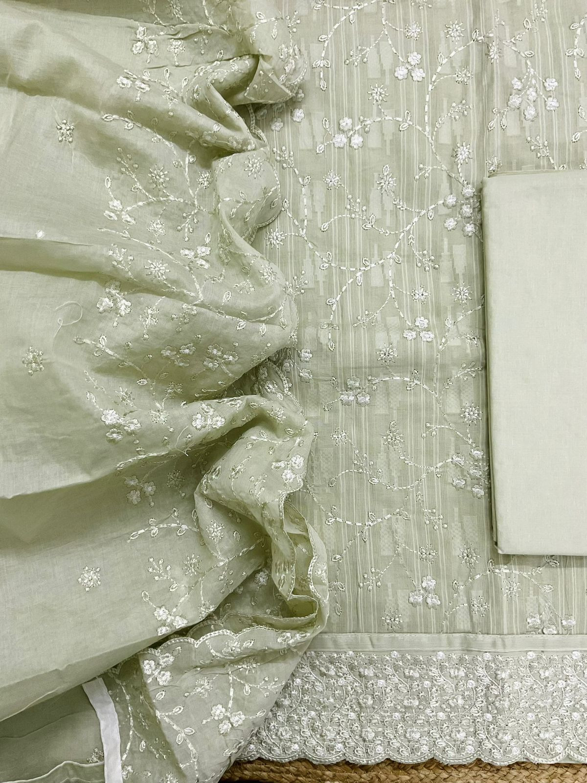 Pure Cotton Self Weaved Embroidered Suit - Greenish Beige