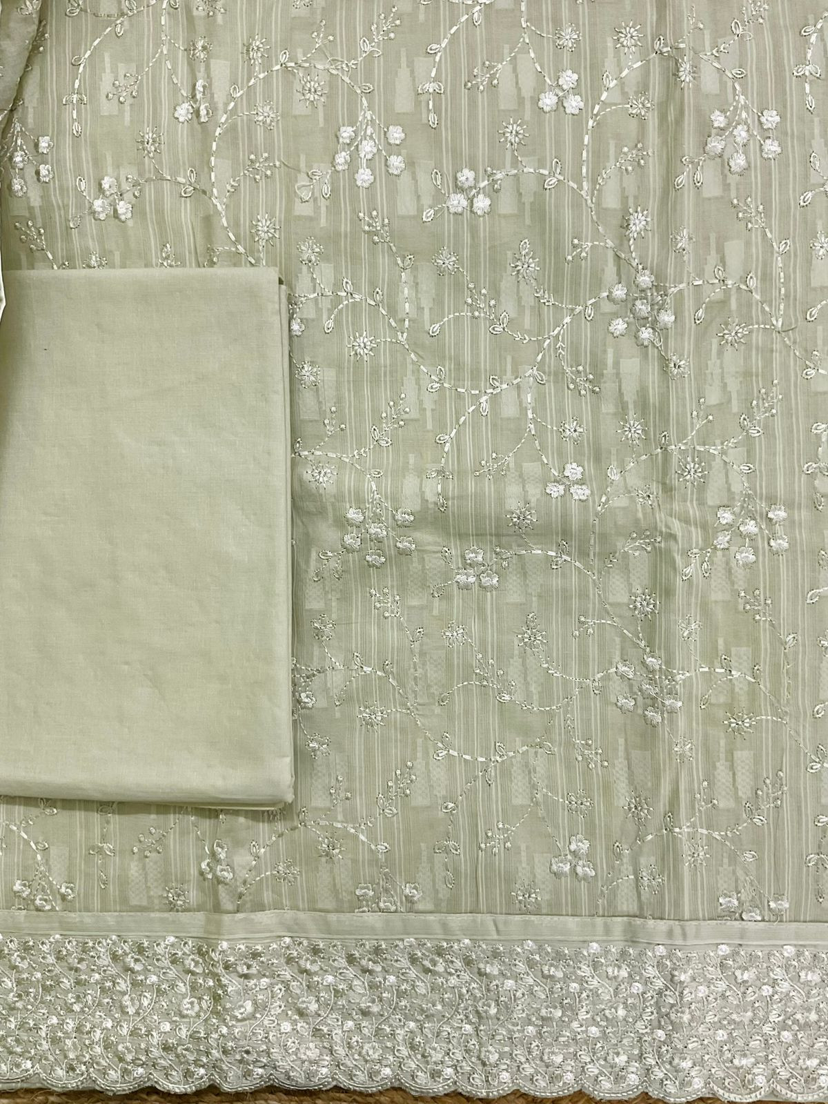 Pure Cotton Self Weaved Embroidered Suit - Greenish Beige