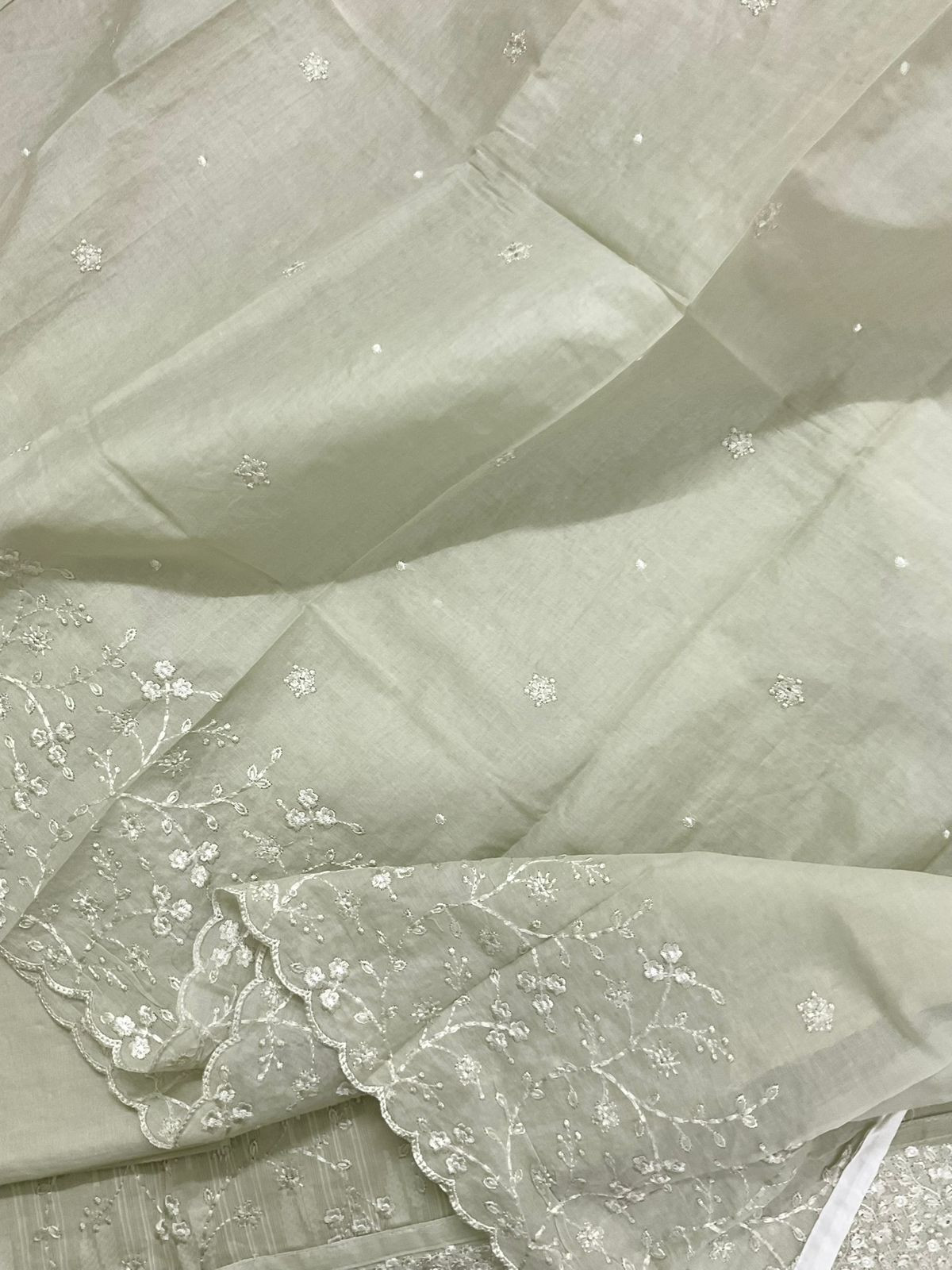 Pure Cotton Self Weaved Embroidered Suit - Greenish Beige