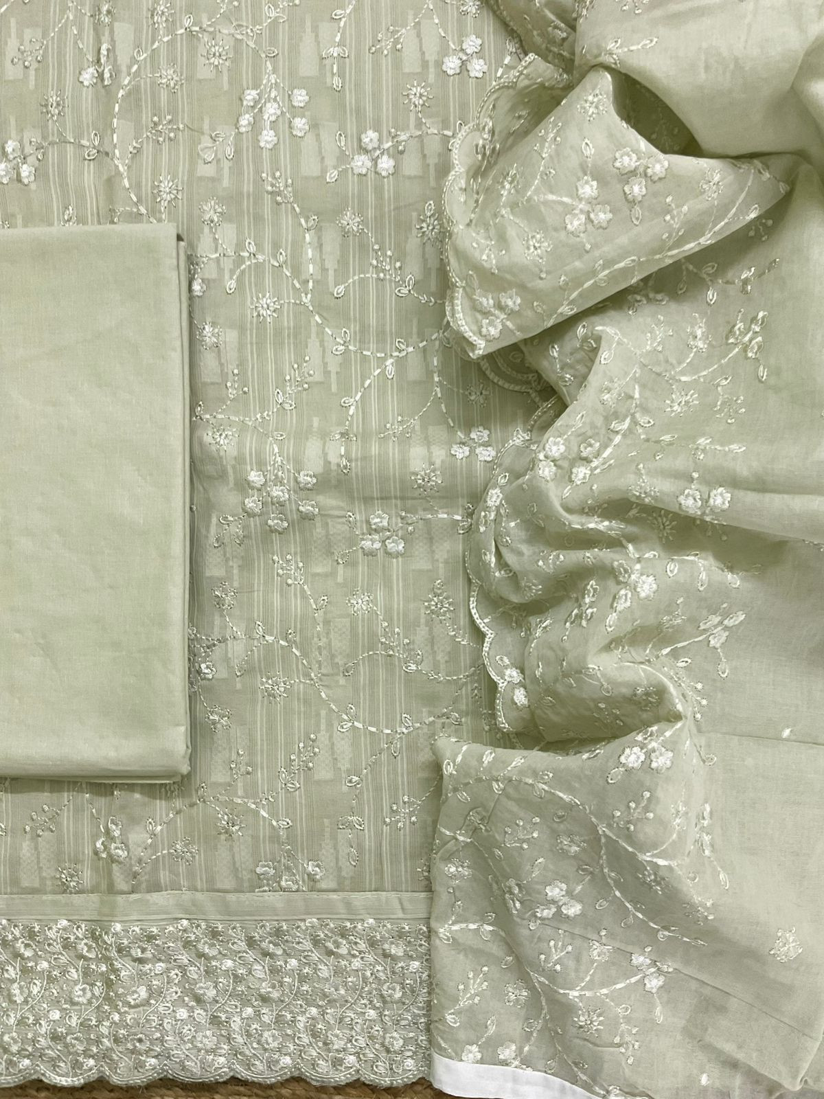 Pure Cotton Self Weaved Embroidered Suit - Greenish Beige