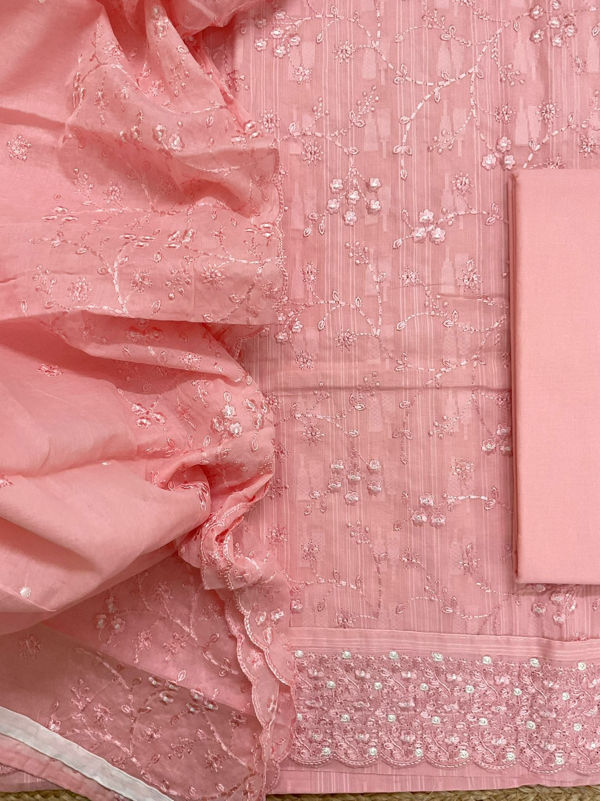 Pure Cotton Self Weaved Embroidered Suit - Peach