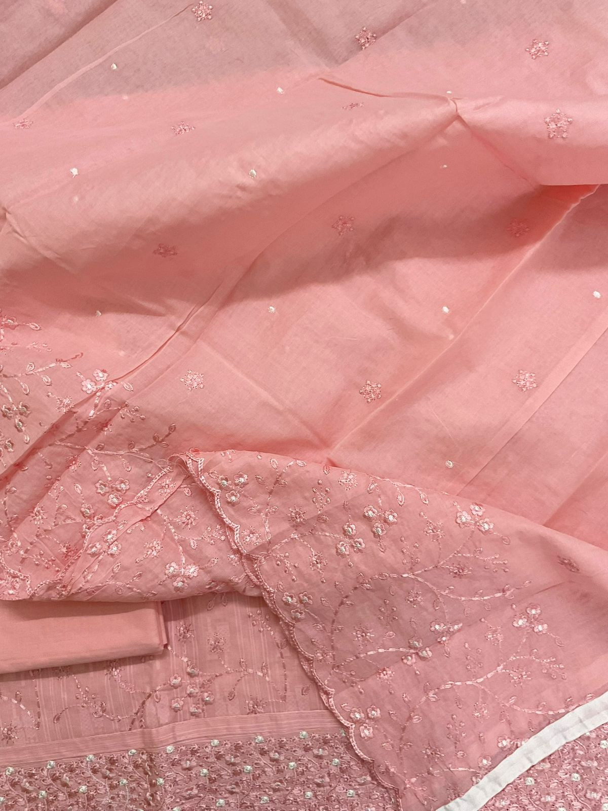 Pure Cotton Self Weaved Embroidered Suit - Peach