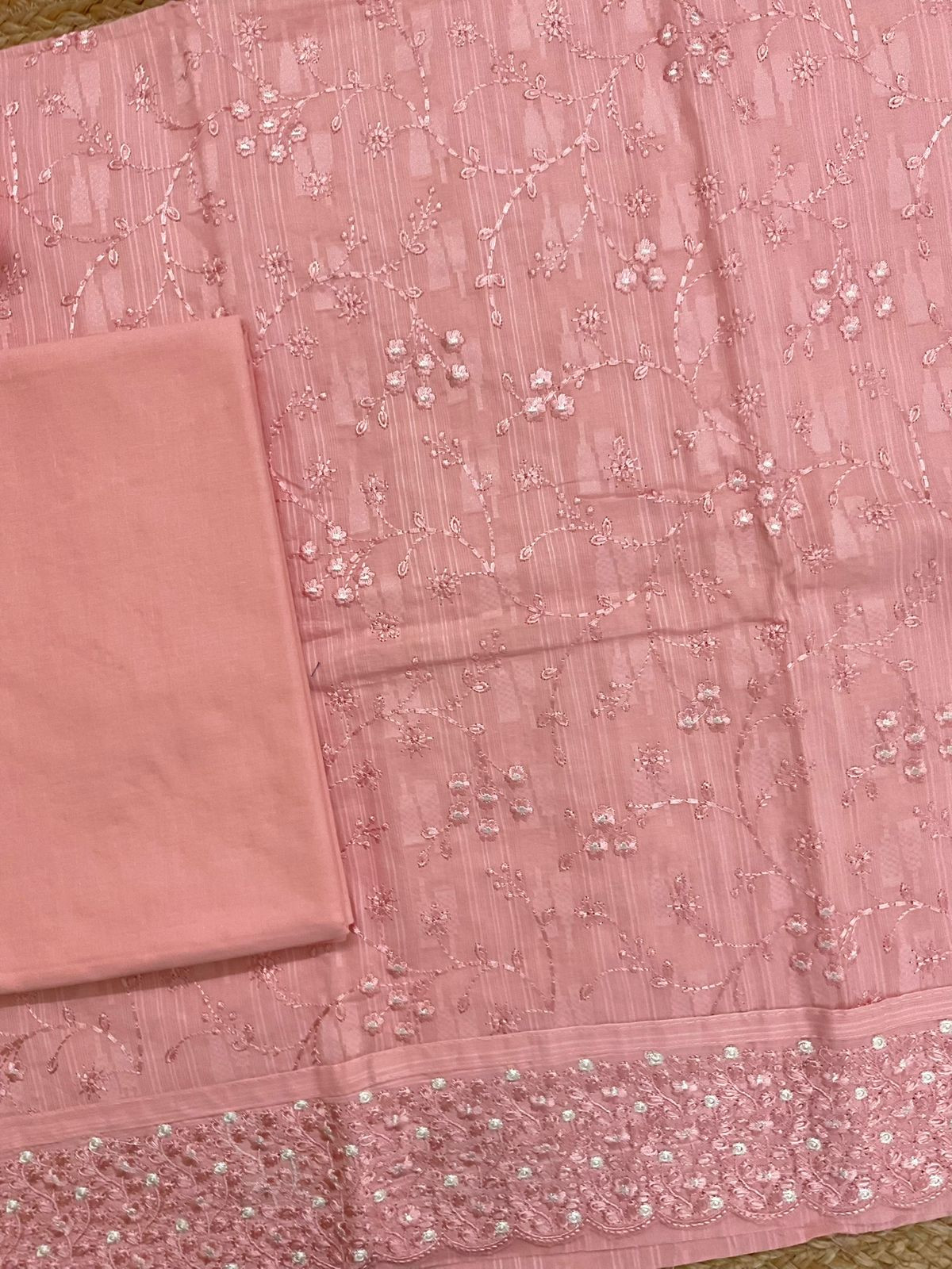 Pure Cotton Self Weaved Embroidered Suit - Peach