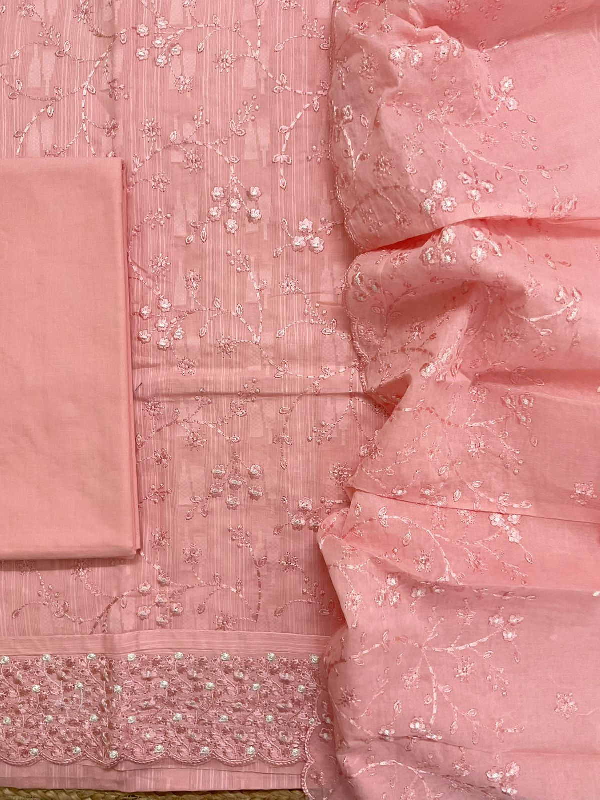Pure Cotton Self Weaved Embroidered Suit - Peach