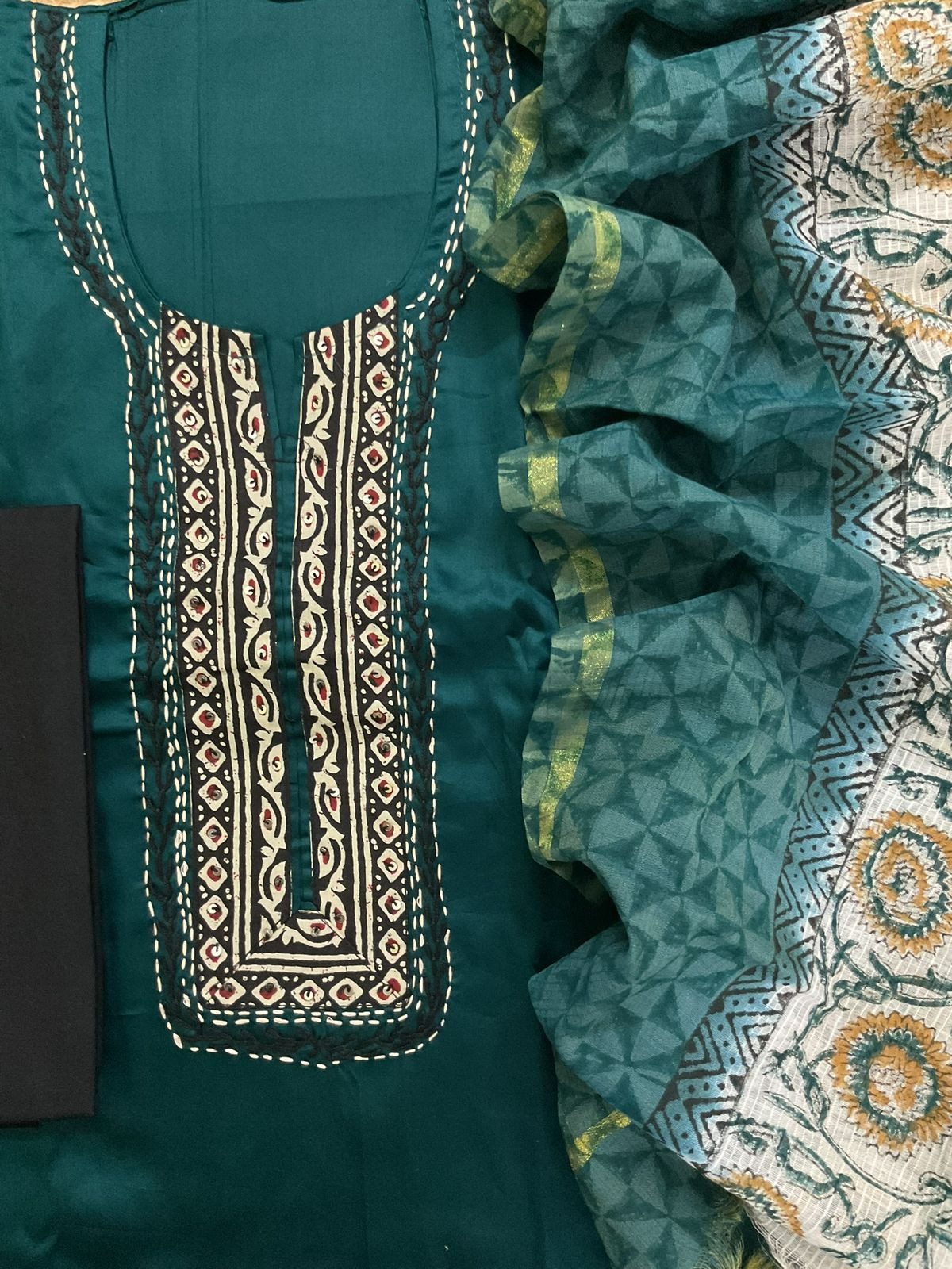 Pure Jaam Cotton Printed Embroidered Suit - Peacock Blue