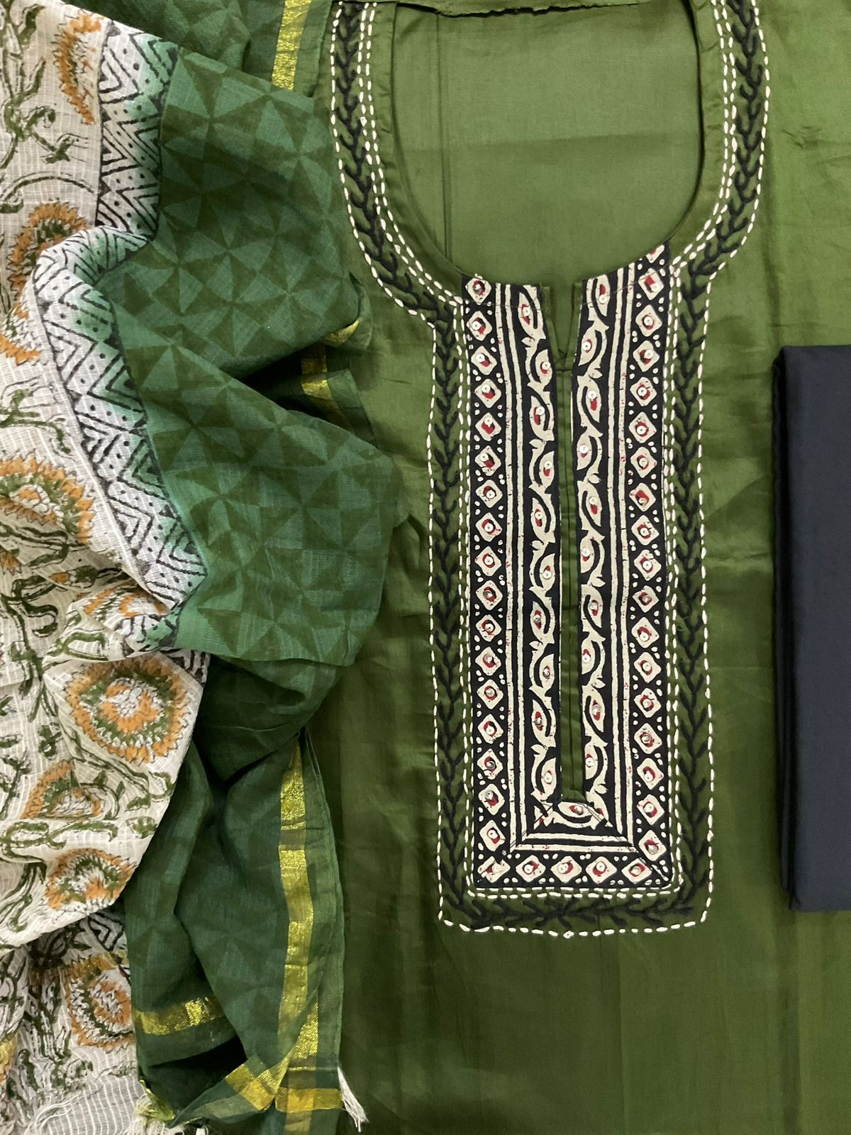 Pure Jaam Cotton Printed Embroidered Suit - Green
