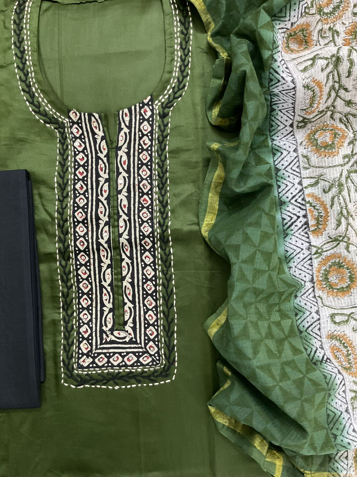 Pure Jaam Cotton Printed Embroidered Suit - Green