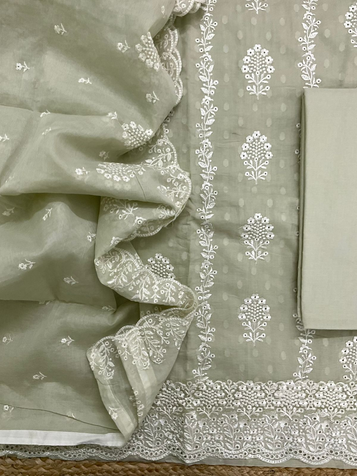 Pure Cotton Self Weaved Embroidered Suit - Greenish Beige