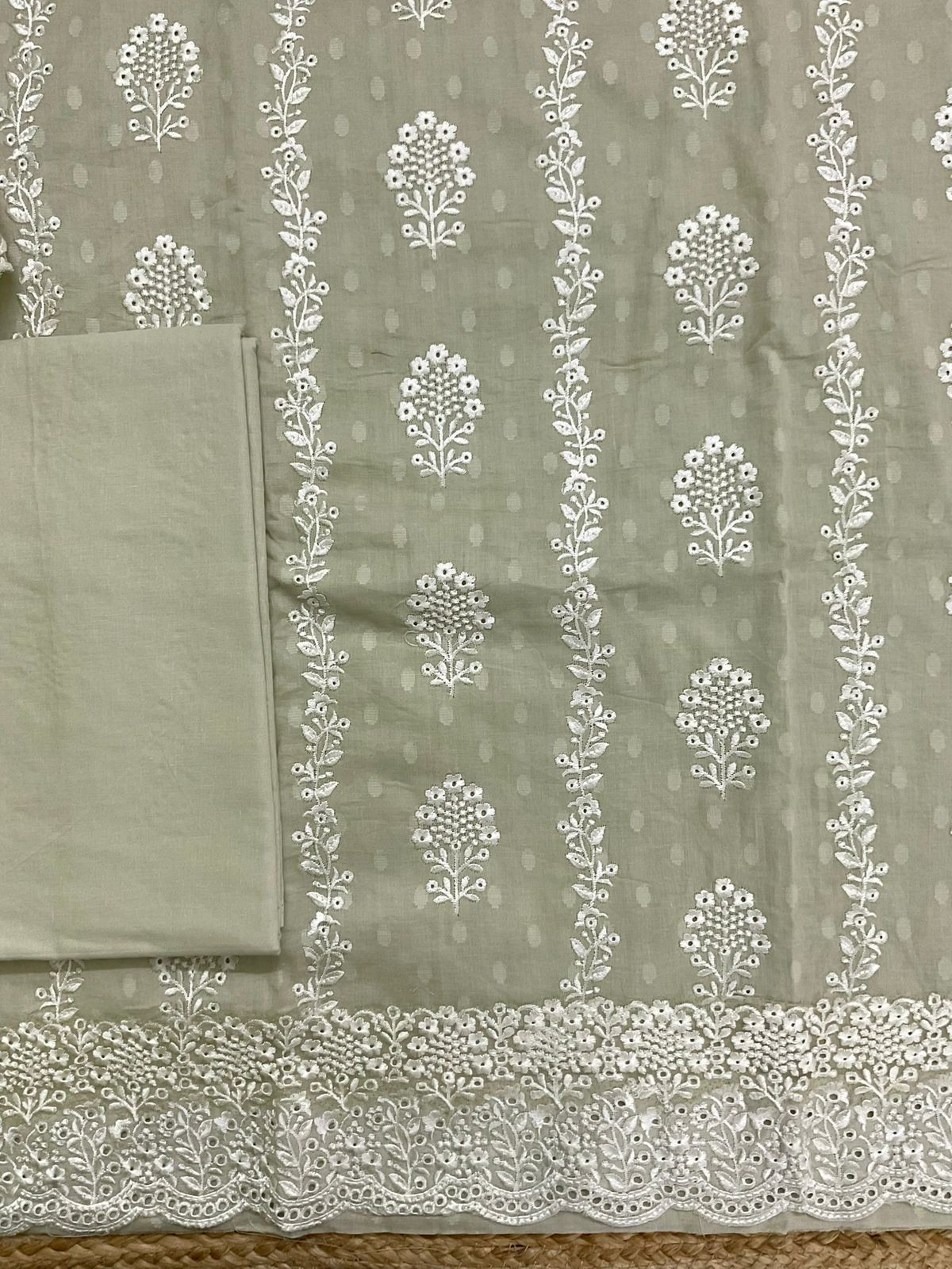 Pure Cotton Self Weaved Embroidered Suit - Greenish Beige
