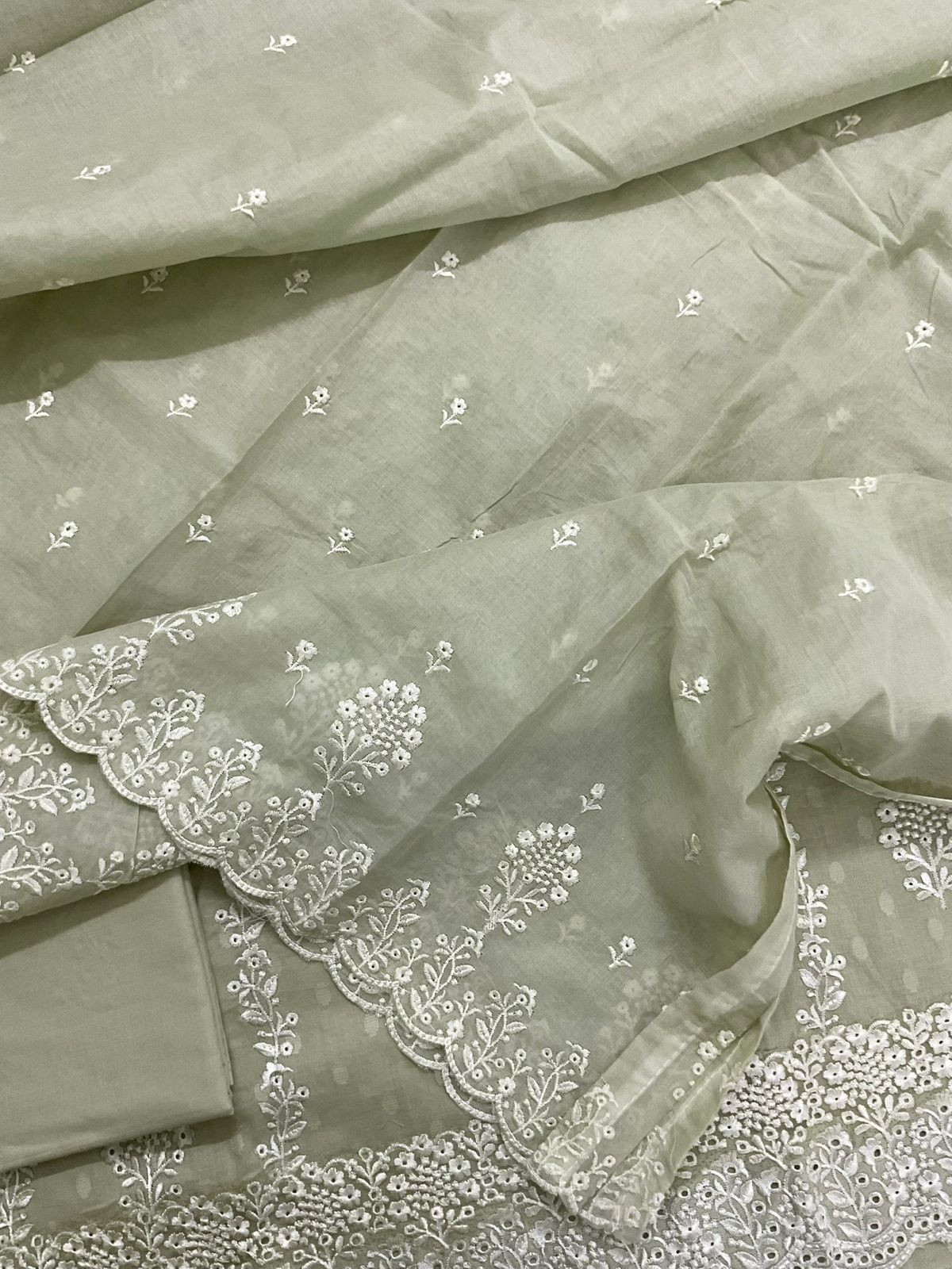 Pure Cotton Self Weaved Embroidered Suit - Greenish Beige