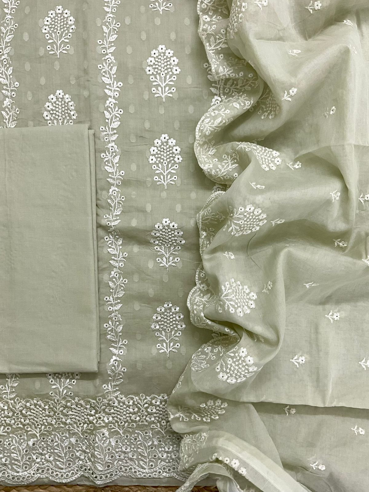 Pure Cotton Self Weaved Embroidered Suit - Greenish Beige