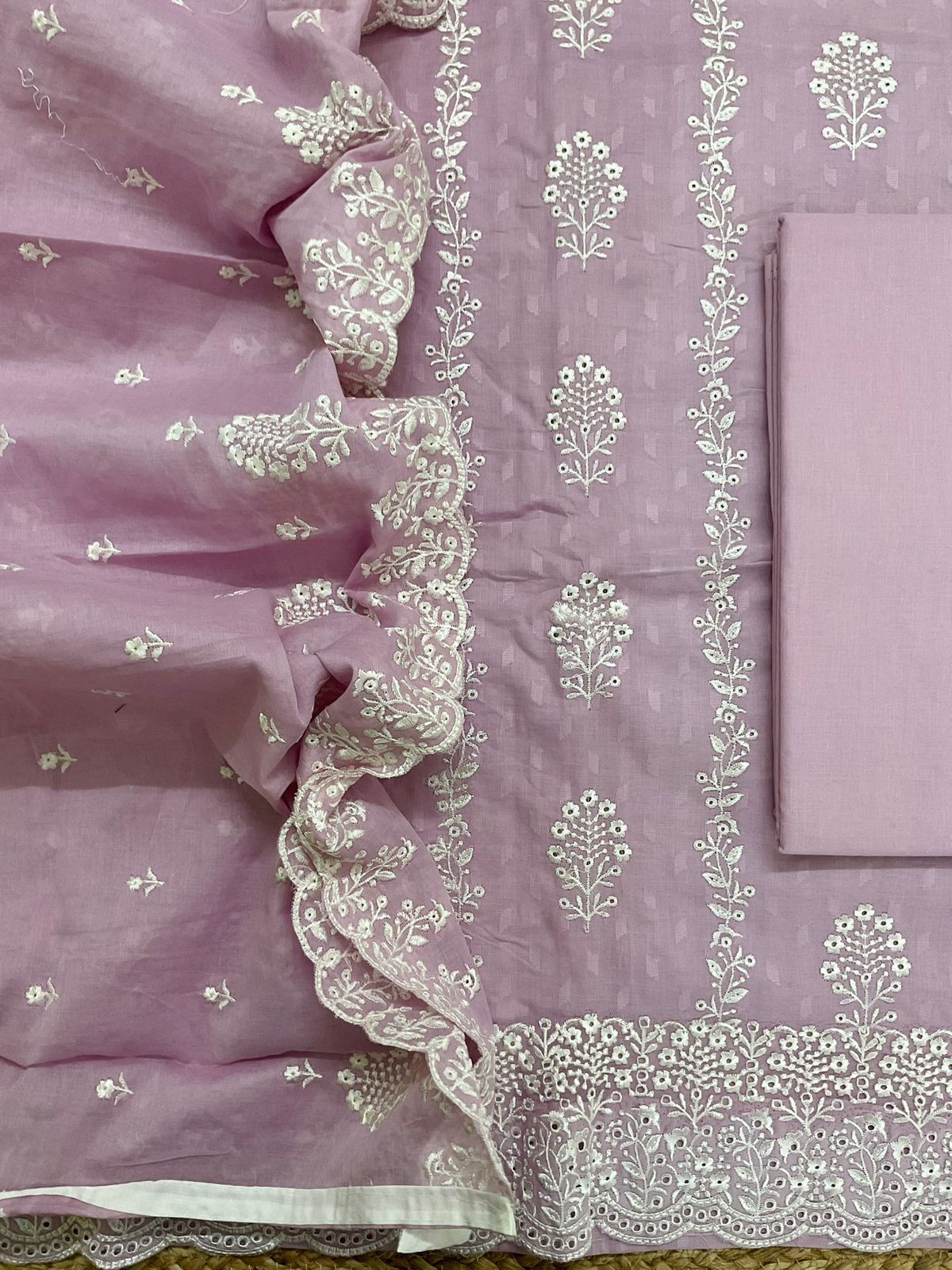 Pure Cotton Self Weaved Embroidered Suit - Lilac