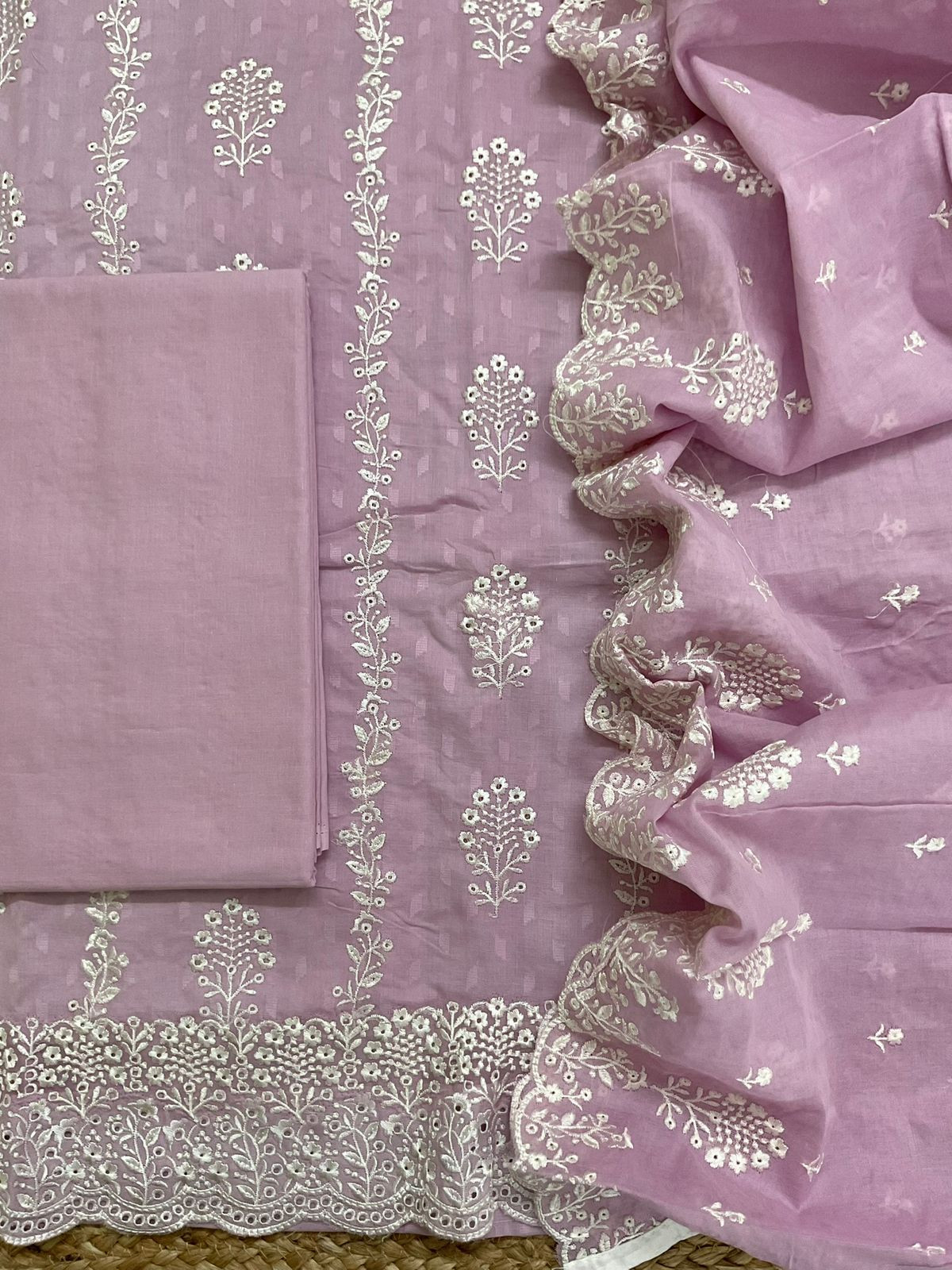 Pure Cotton Self Weaved Embroidered Suit - Lilac