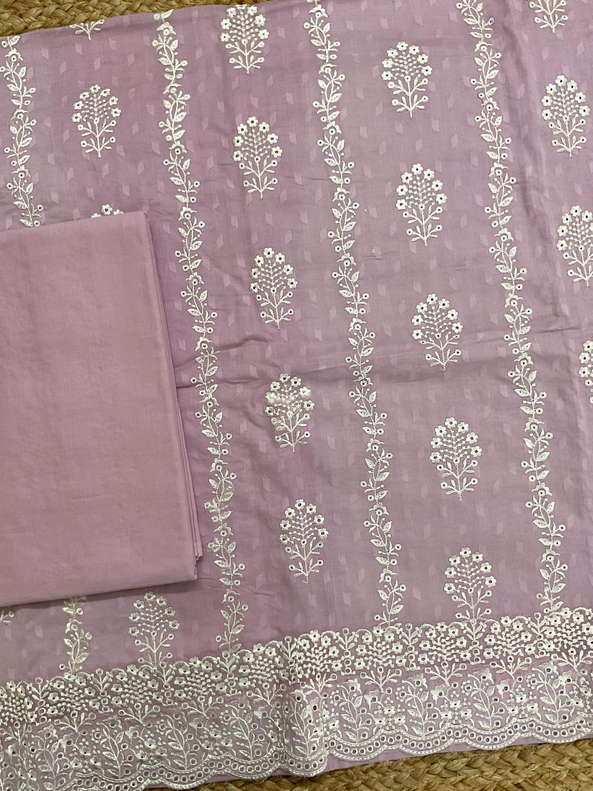 Pure Cotton Self Weaved Embroidered Suit - Lilac