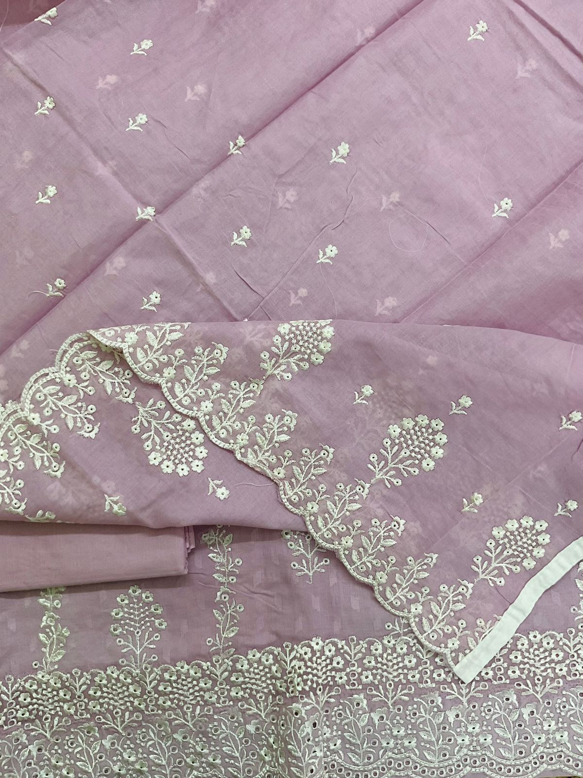 Pure Cotton Self Weaved Embroidered Suit - Lilac