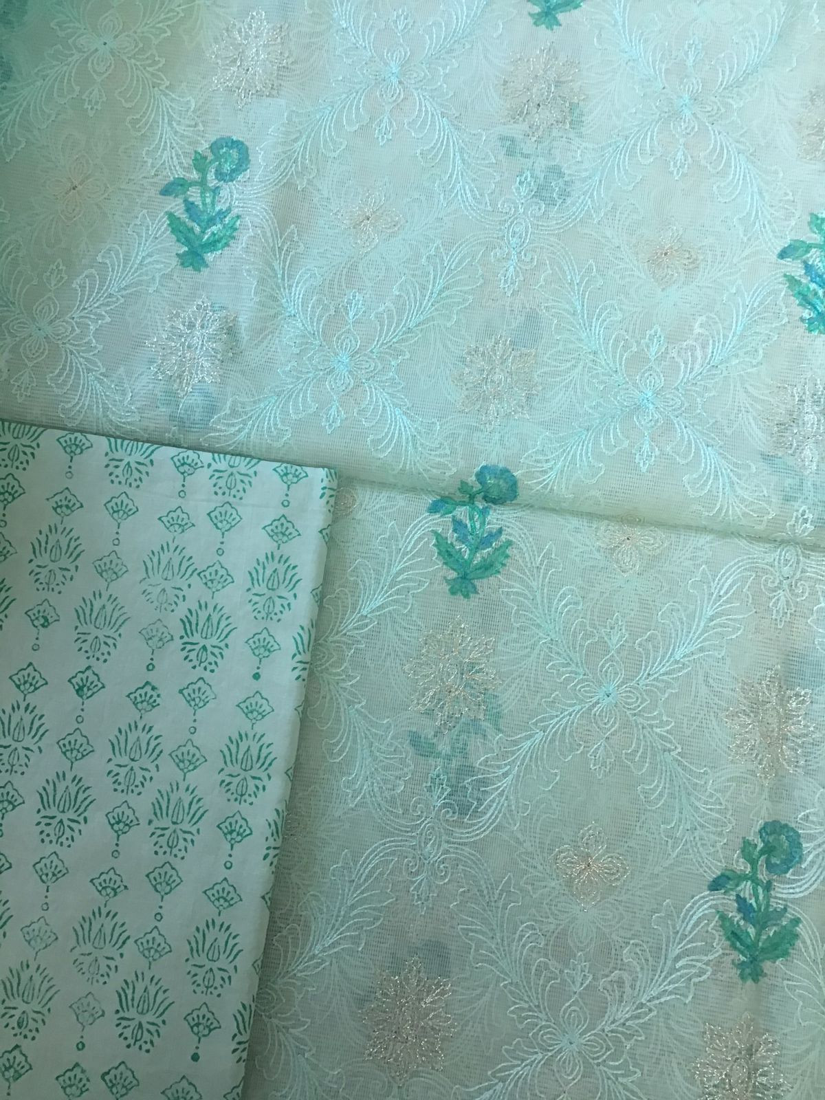 Soft Fine Supernet Printed Tepchi Work Suit - Sea Green