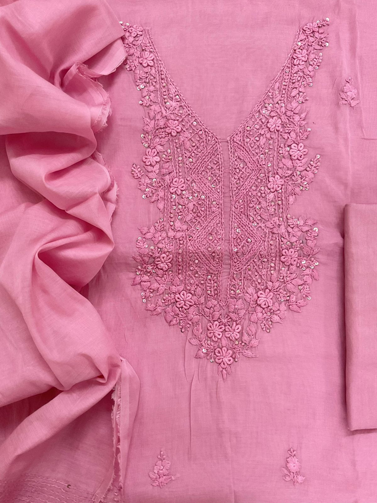 Soft Fine Chanderi Embroidered Suit - Pink