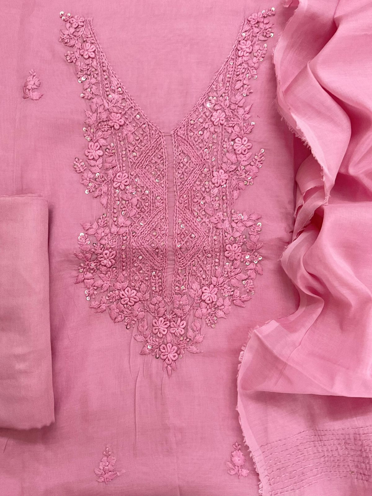 Soft Fine Chanderi Embroidered Suit - Pink
