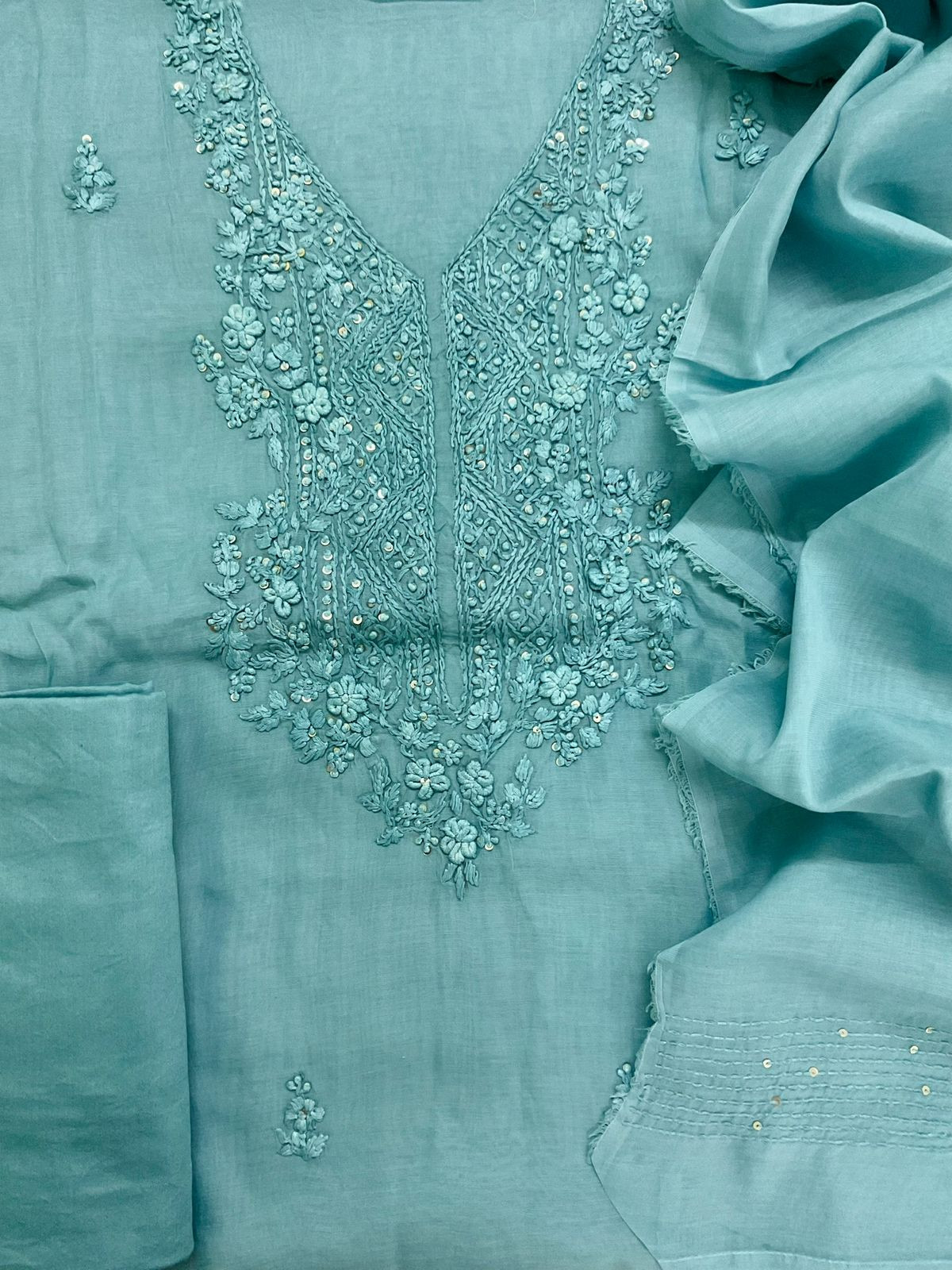 Soft Fine Chanderi Embroidered Suit - Blue