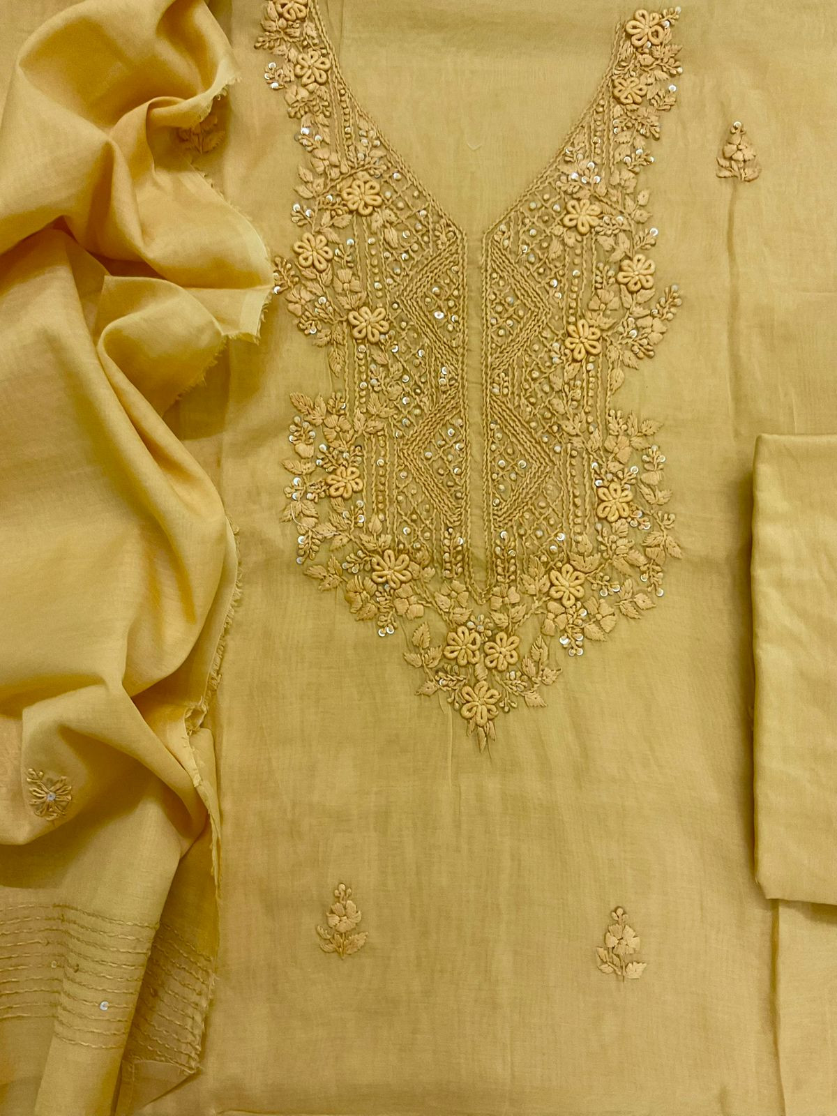 Soft Fine Chanderi Embroidered Suit - Yellow