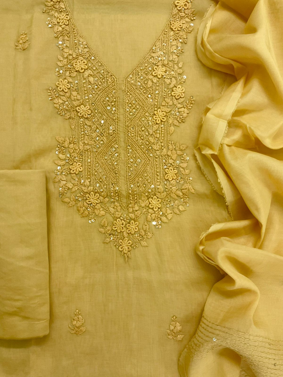 Soft Fine Chanderi Embroidered Suit - Yellow