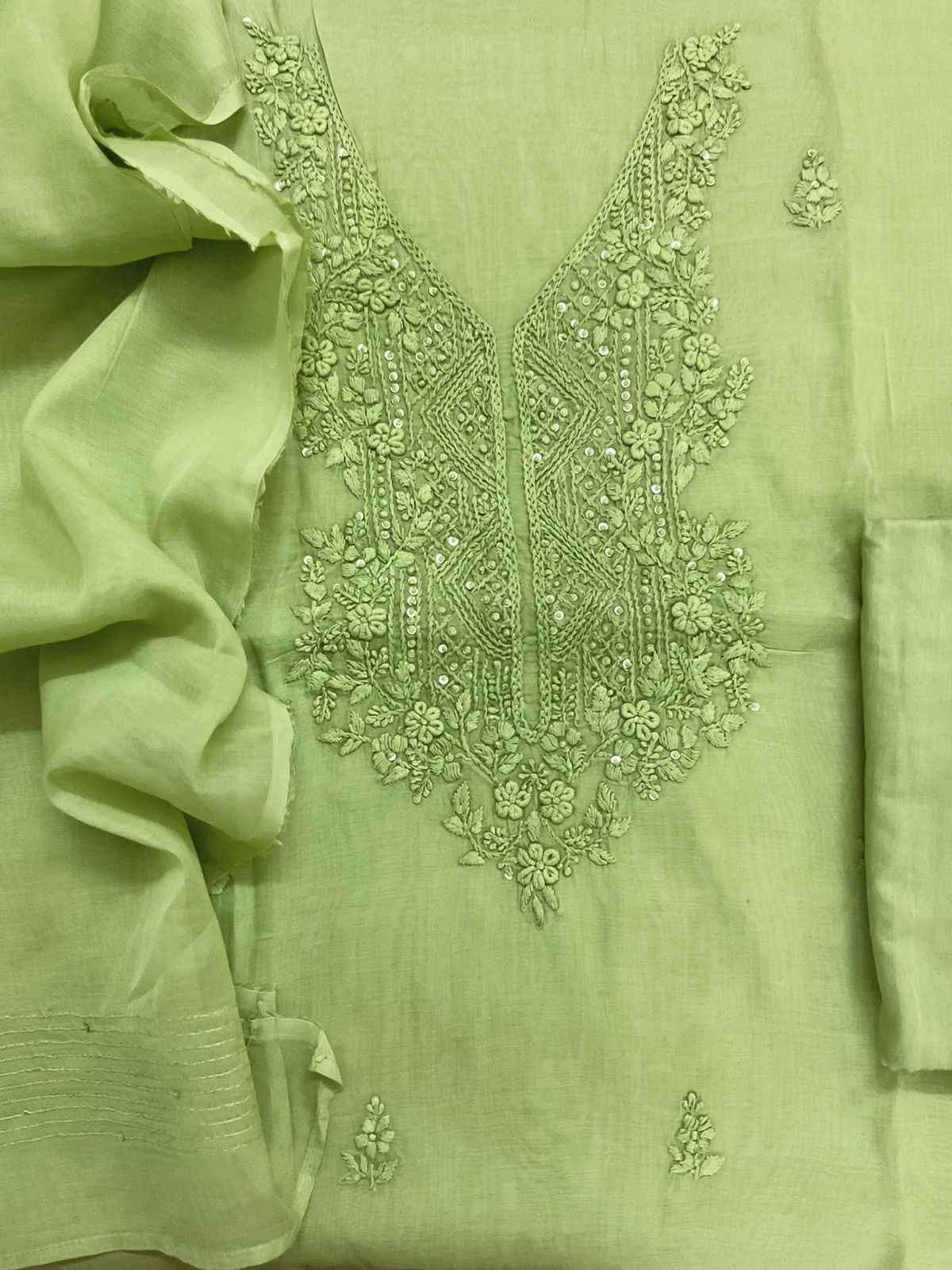 Soft Fine Chanderi Embroidered Suit - Green