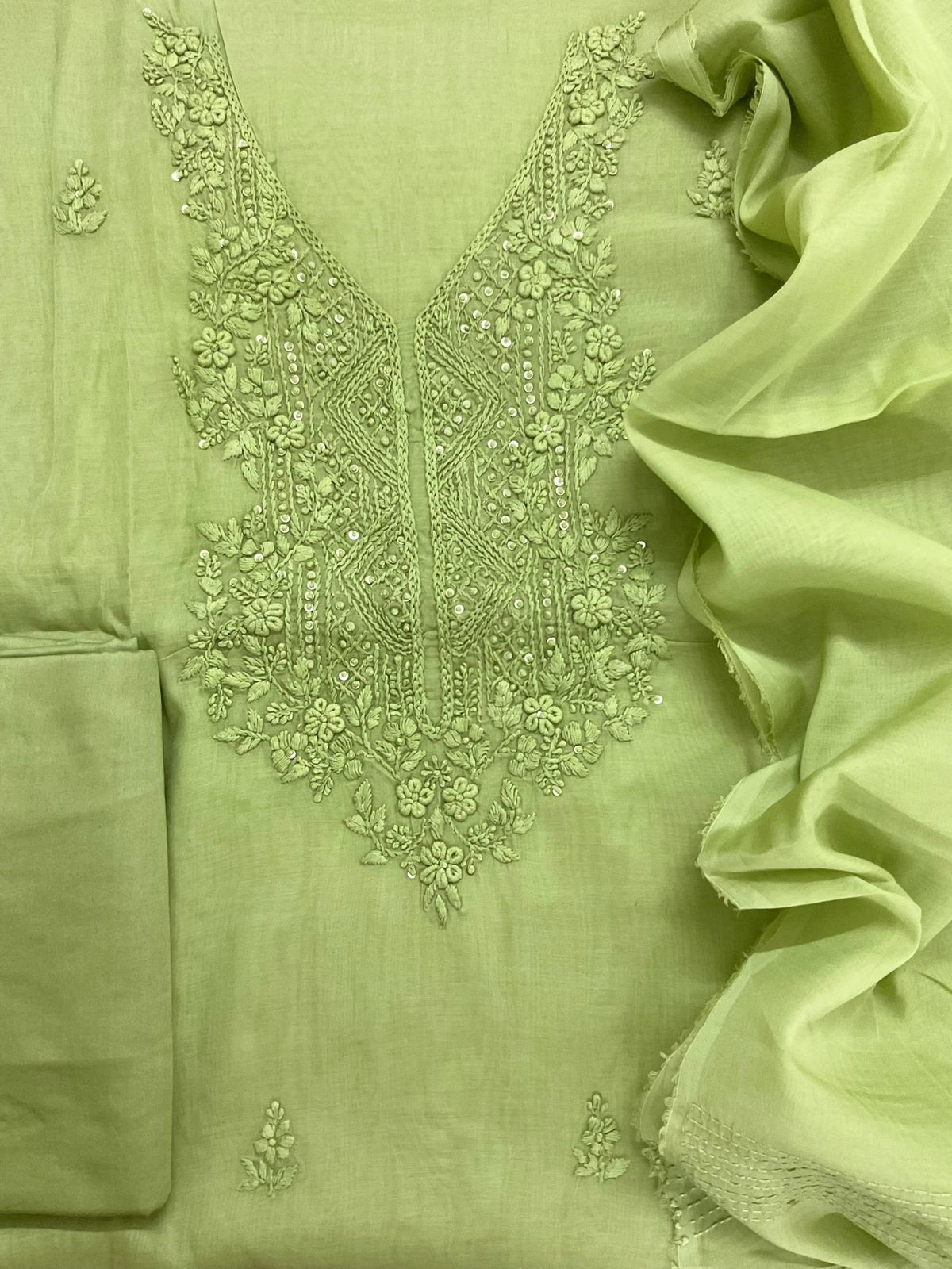 Soft Fine Chanderi Embroidered Suit - Green