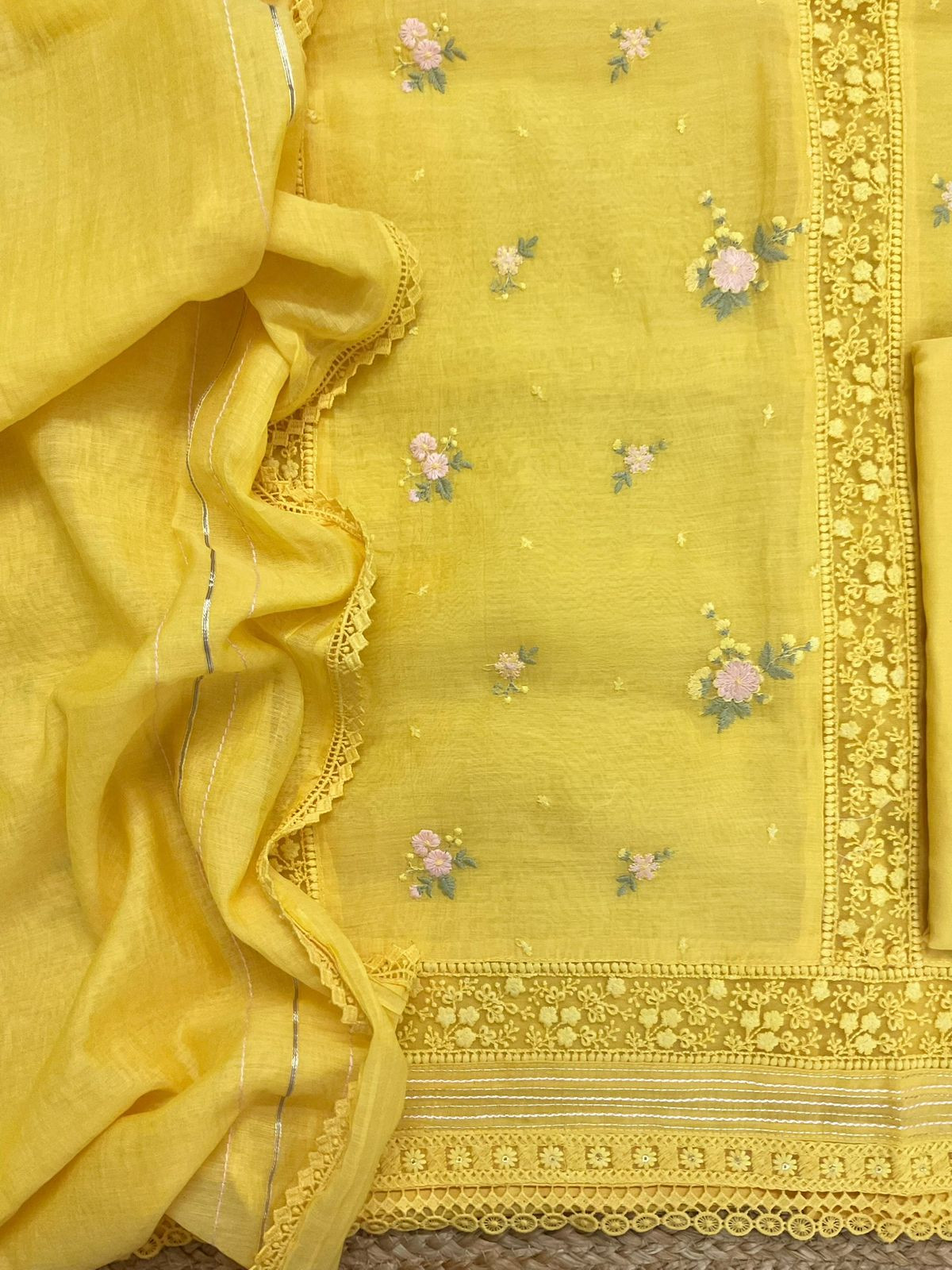 Pure Fine Mul Chanderi Embroidered Suit - Yellow