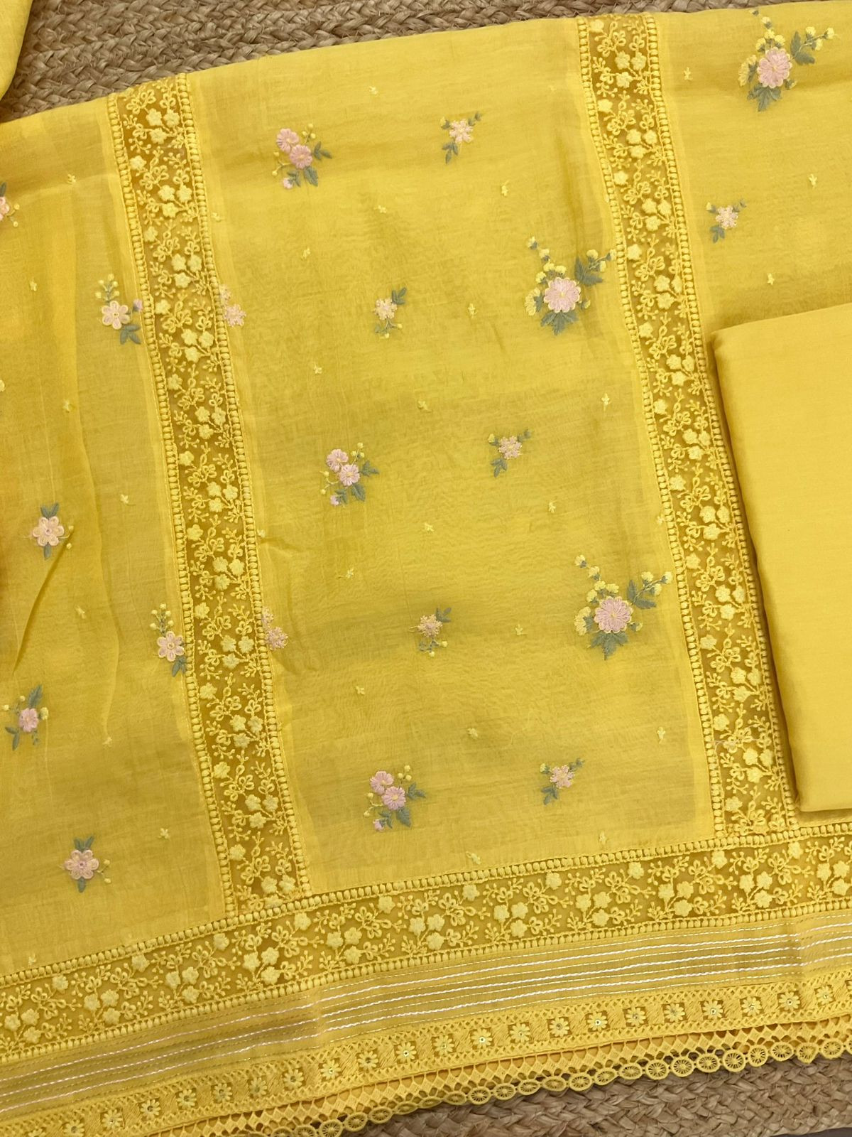 Pure Fine Mul Chanderi Embroidered Suit - Yellow