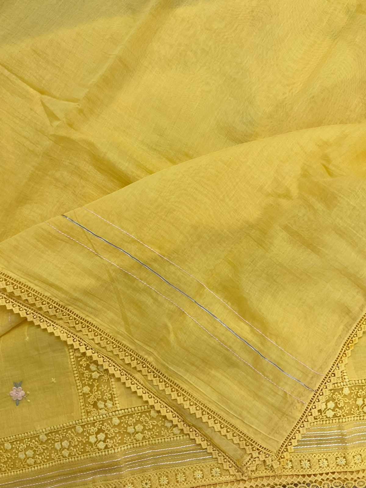 Pure Fine Mul Chanderi Embroidered Suit - Yellow