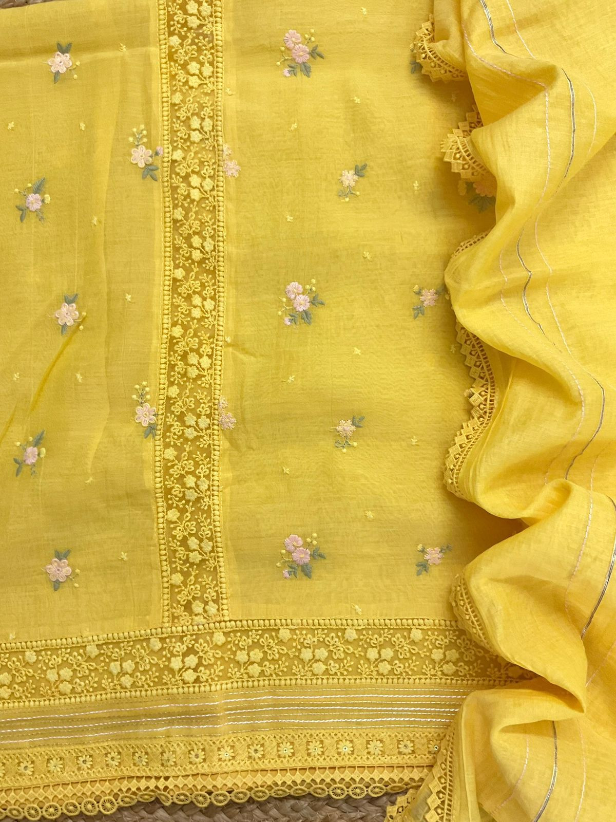 Pure Fine Mul Chanderi Embroidered Suit - Yellow