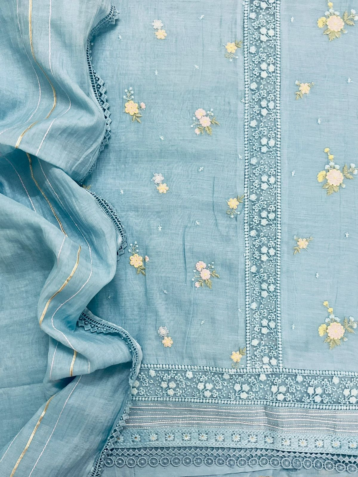 Pure Fine Mul Chanderi Embroidered Suit - Blue