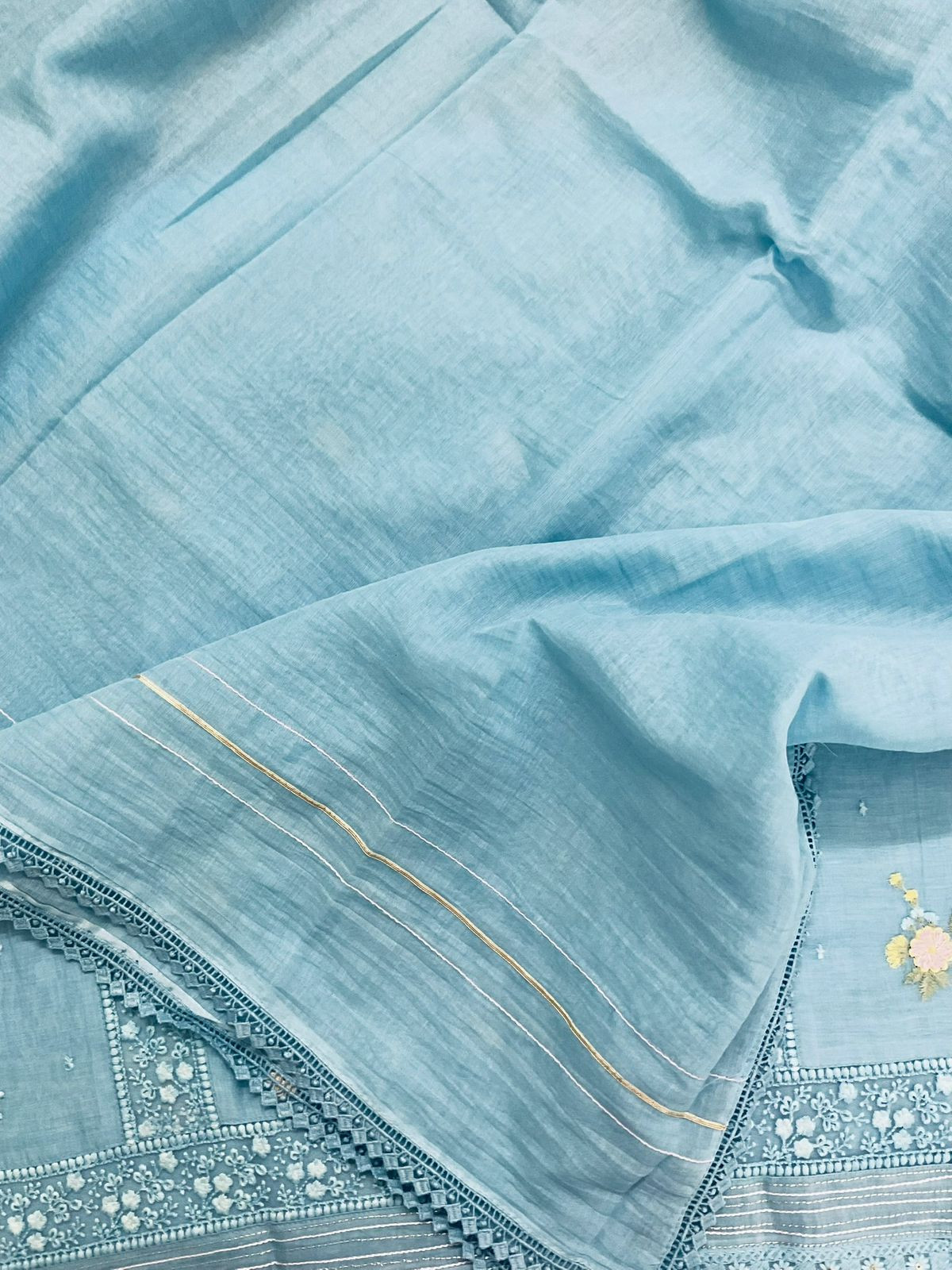 Pure Fine Mul Chanderi Embroidered Suit - Blue