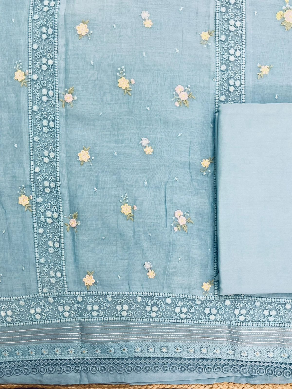 Pure Fine Mul Chanderi Embroidered Suit - Blue