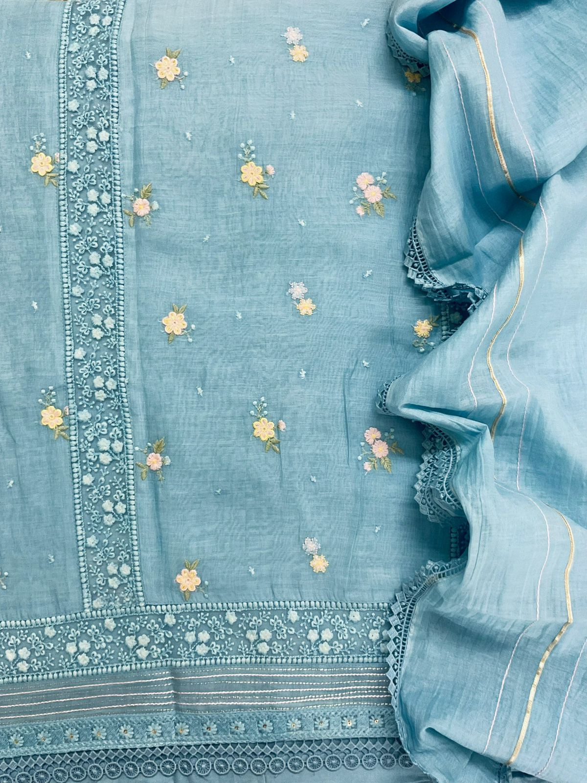 Pure Fine Mul Chanderi Embroidered Suit - Blue