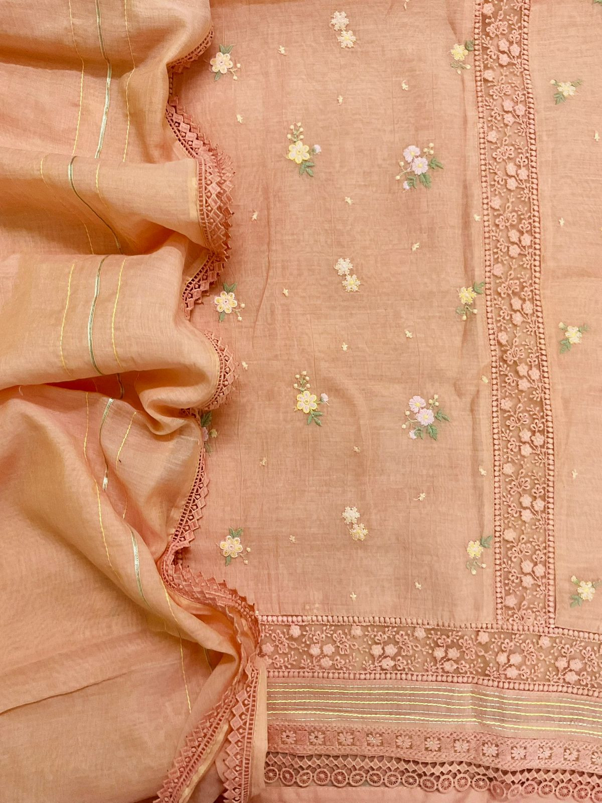Pure Fine Mul Chanderi Embroidered Suit - Peach