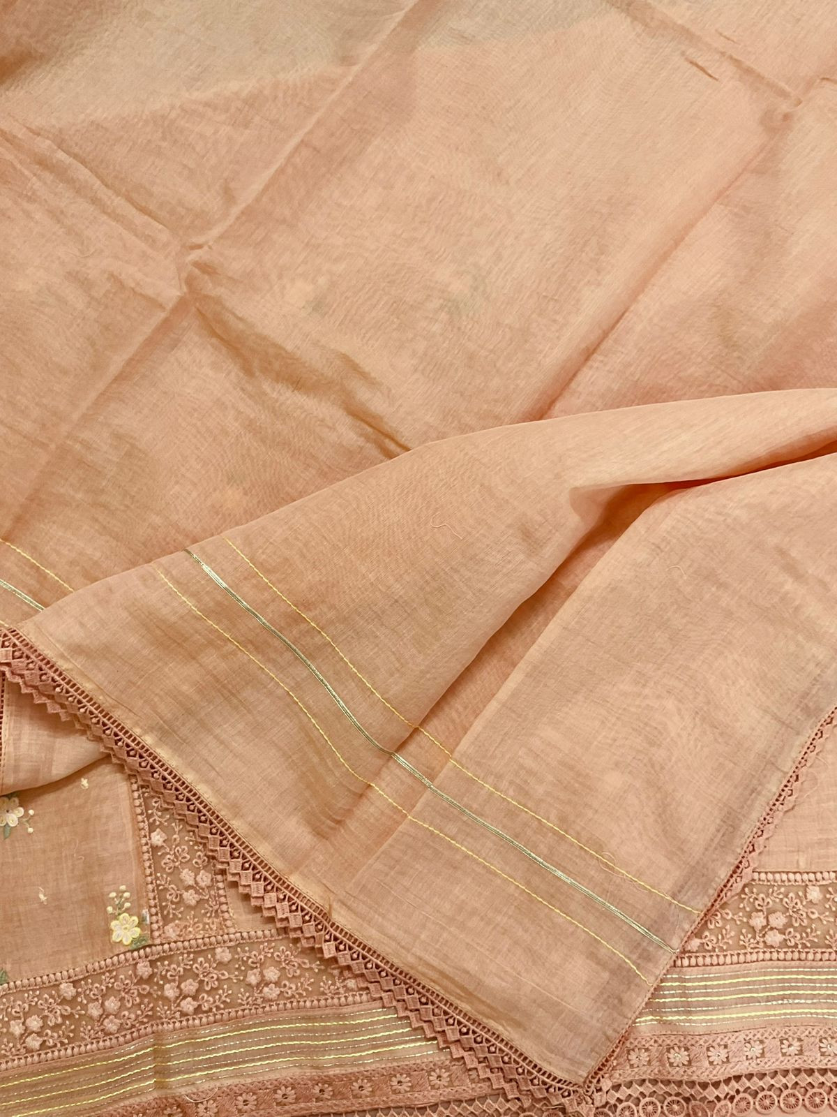 Pure Fine Mul Chanderi Embroidered Suit - Peach