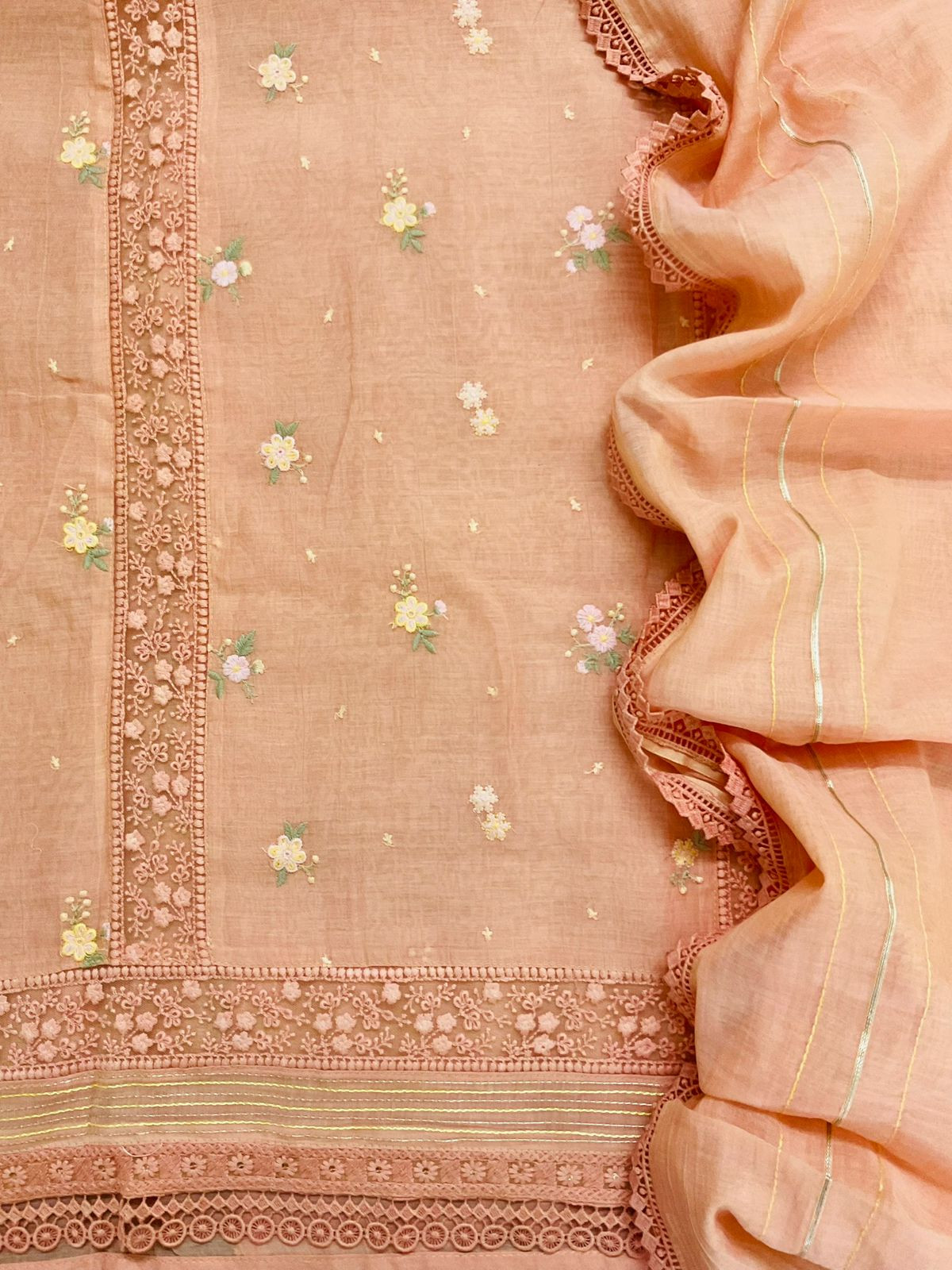 Pure Fine Mul Chanderi Embroidered Suit - Peach