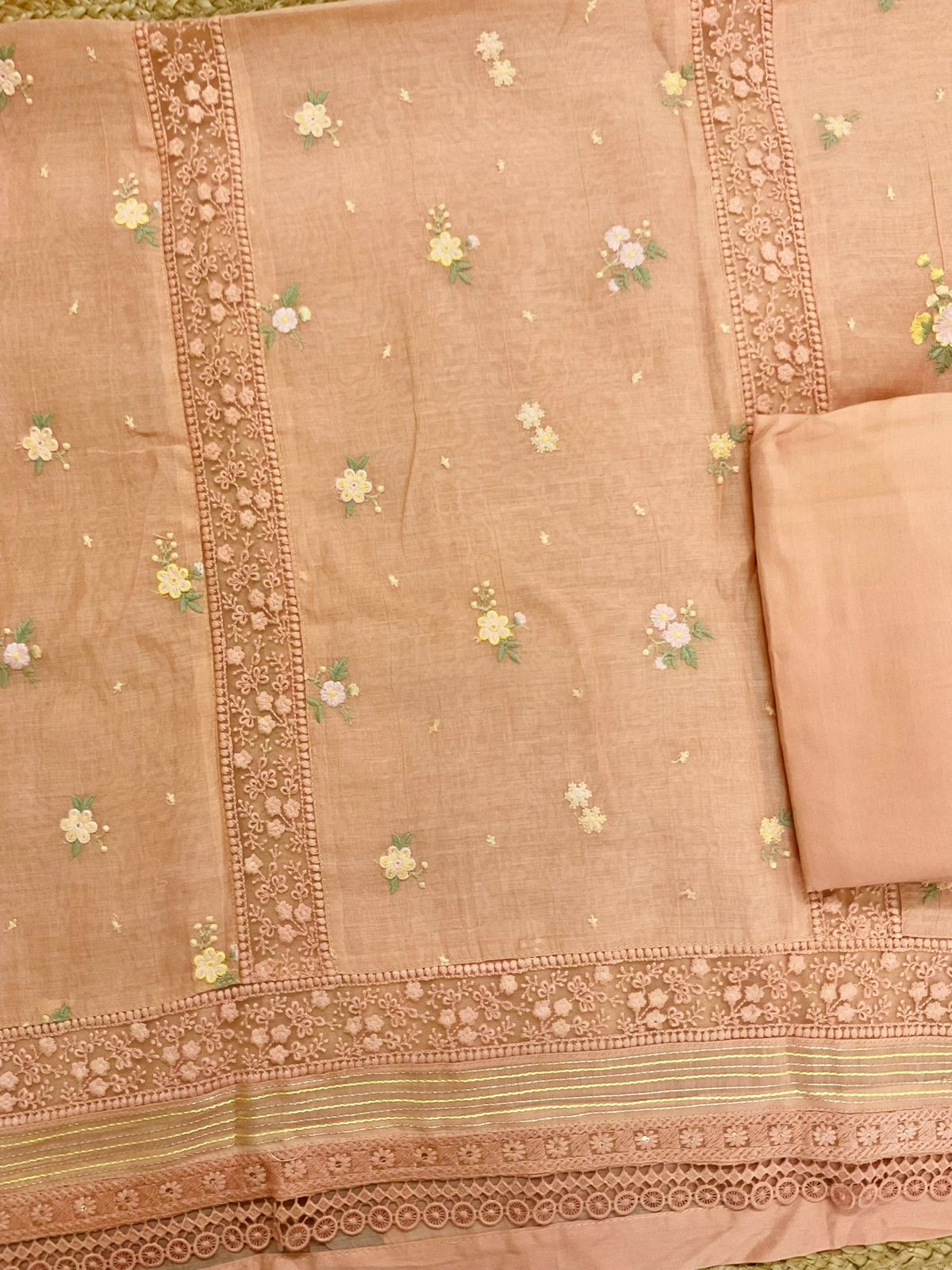 Pure Fine Mul Chanderi Embroidered Suit - Peach