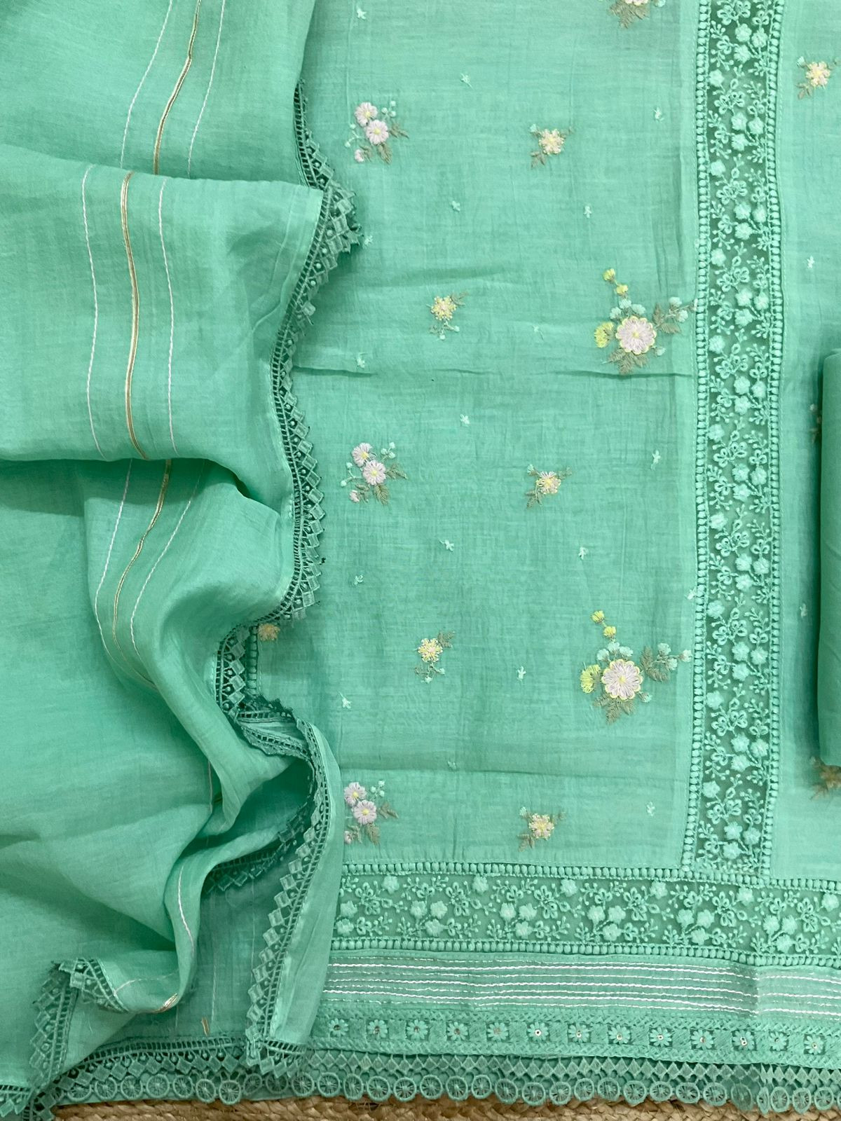 Pure Fine Mul Chanderi Embroidered Suit - Green